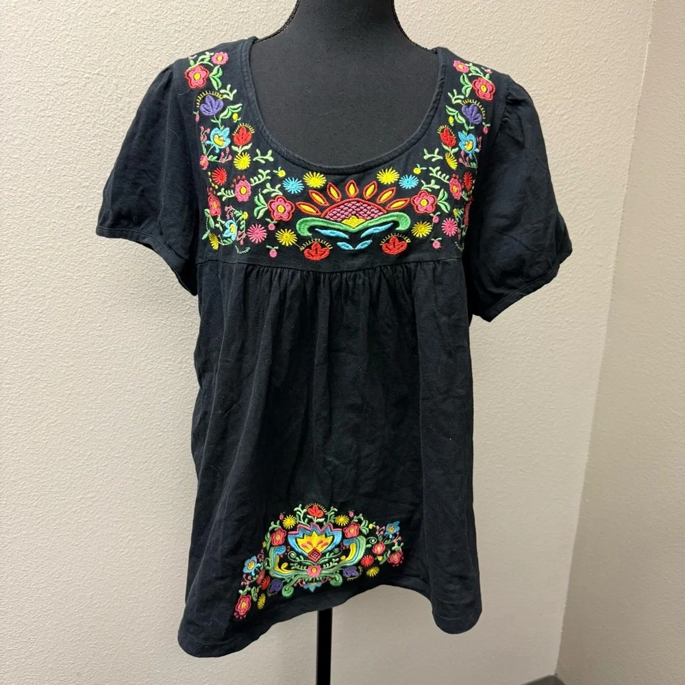 South Main XXL Black Floral Embroidered Boho Peasant Top Cotton - Picture 2 of 10